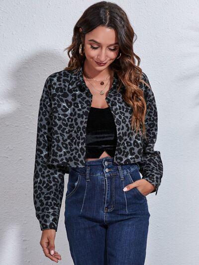 Leopard Button Up Collared Neck Cropped Jacket - Chic Yana's Fashion