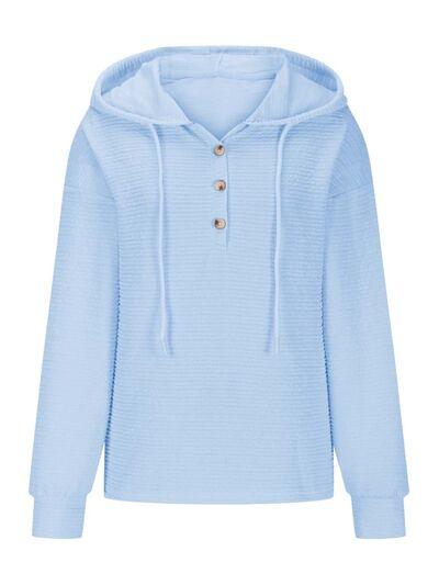 Drawstring Quarter Button Long Sleeve Hoodie - Chic Yana's Fashion