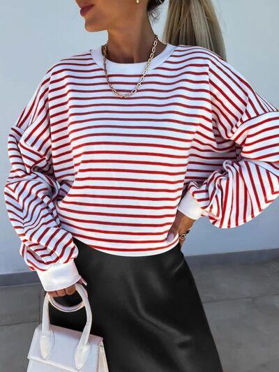 Full Size Striped Round Neck Long Sleeve Sweatshirt Plus Size - Chic Yana's Fashion