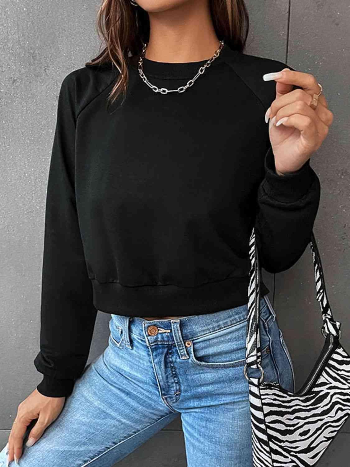 Perfee Raglan Sleeve Round Neck Cropped Sweatshirt - Chic Yana's Fashion