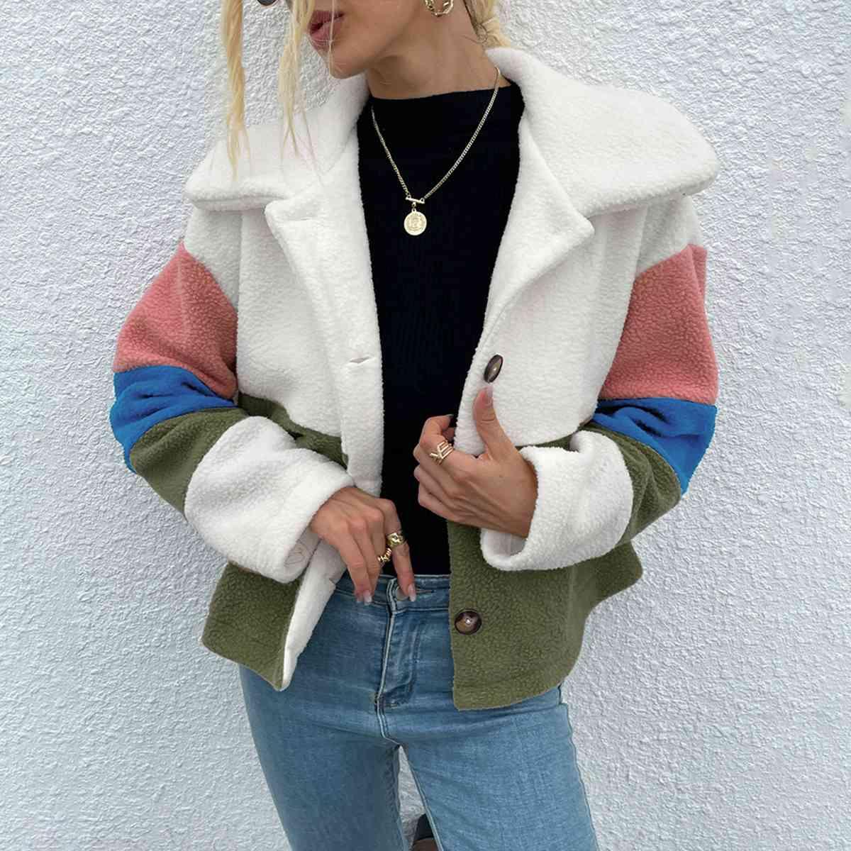 Shiny Color Block Button Down Collared Jacket - Chic Yana's Fashion