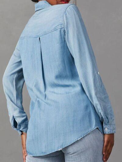 Collared Neck Roll Tab Sleeve Denim Top - Chic Yana's Fashion