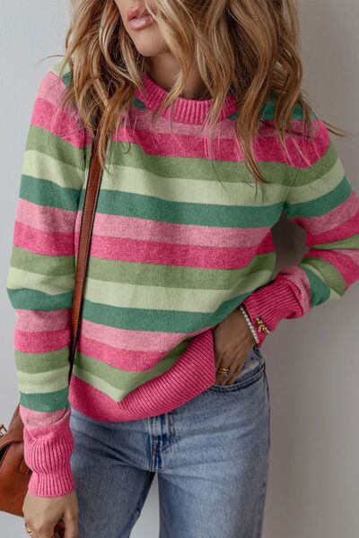 Striped Round Neck Long Sleeve Sweater - Chic Yana's Fashion