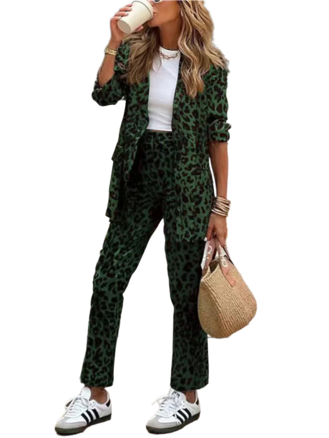 Full Size Leopard Lapel Collar Long Sleeve Blazer and Pants Set - Shop Now at Chic Yana's Fashion