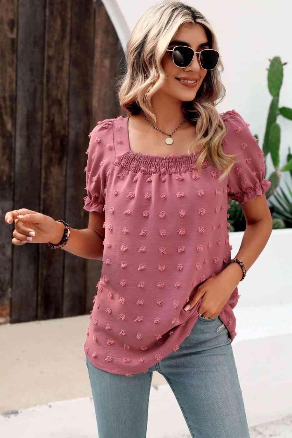 Mandy Swiss Dot Puff Sleeve Square Neck Blouse - Chic Yana's Fashion