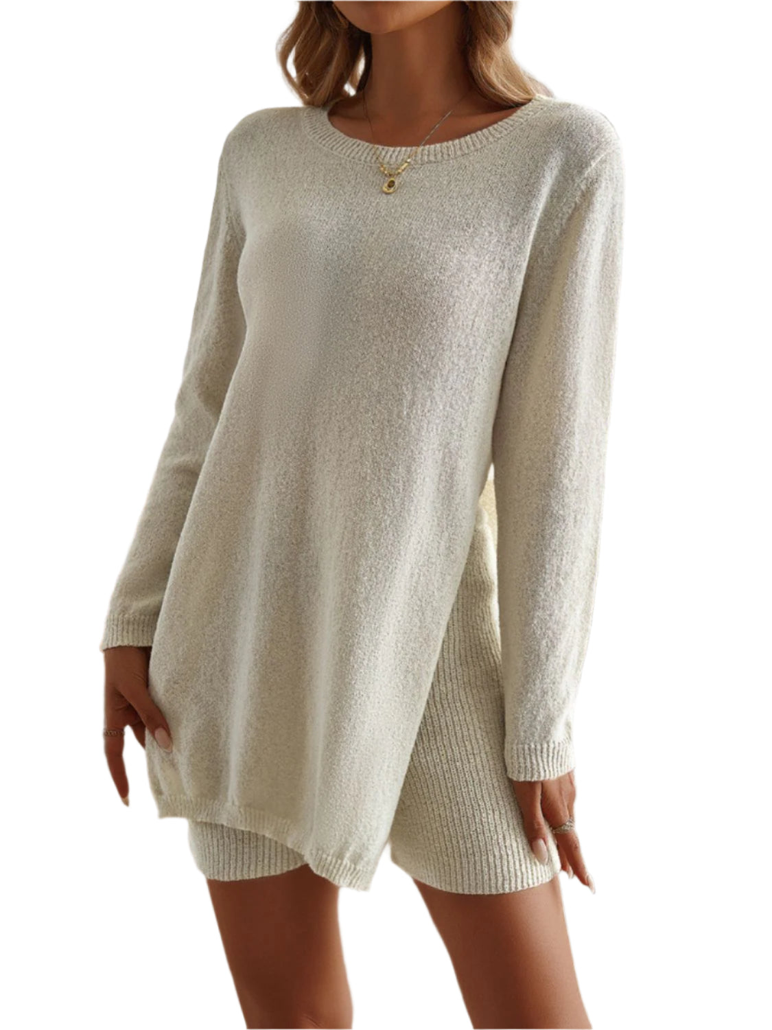 Devine Slit Round Neck Top and Shorts Sweater Set - Shop Now at Chic Yana's Fashion