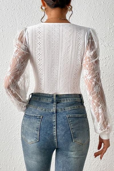 Eyelet Lace Long Sleeve Bodysuit - Chic Yana's Fashion