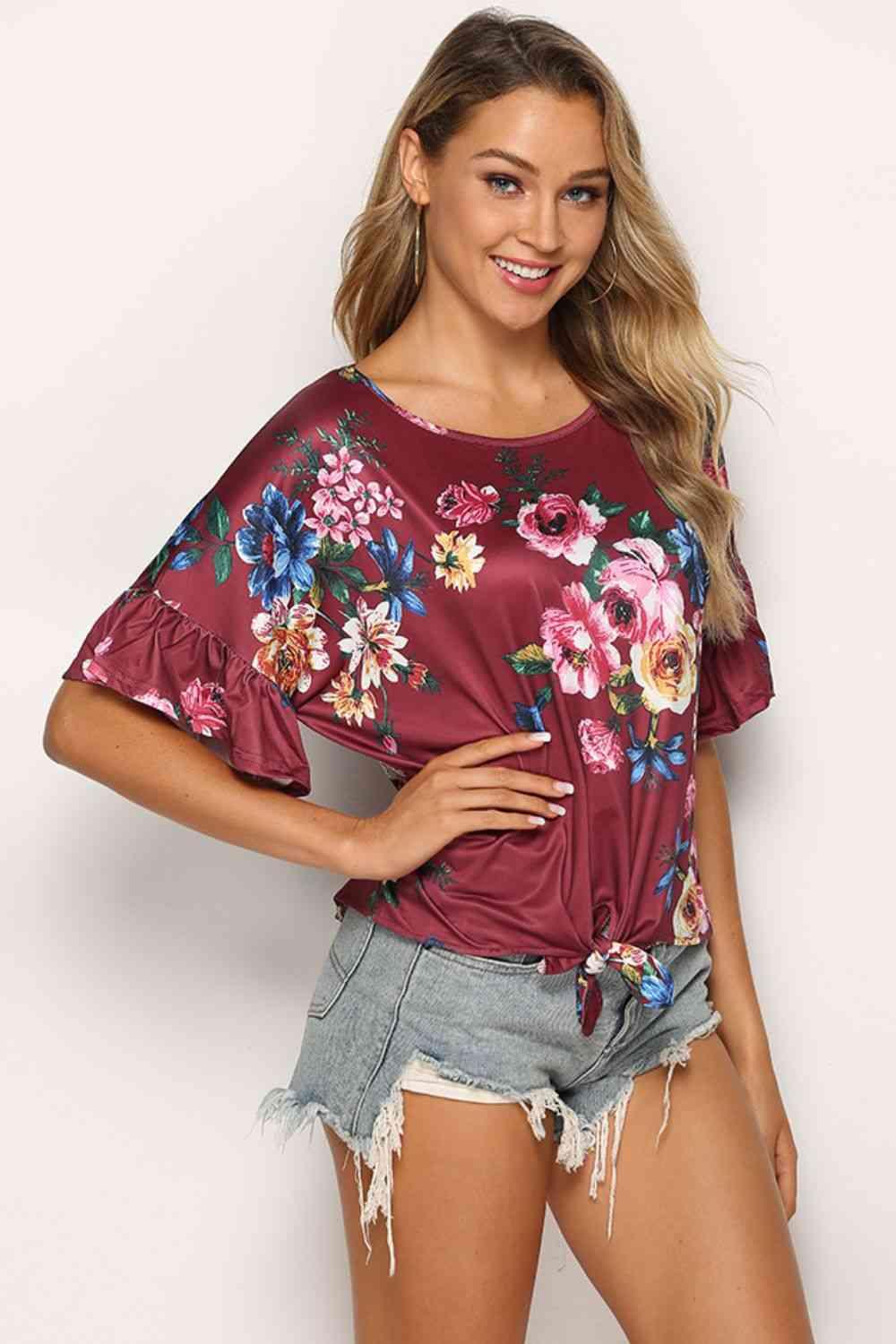 Shiny Floral Tie Hem Flounce Sleeve Top - Chic Yana's Fashion