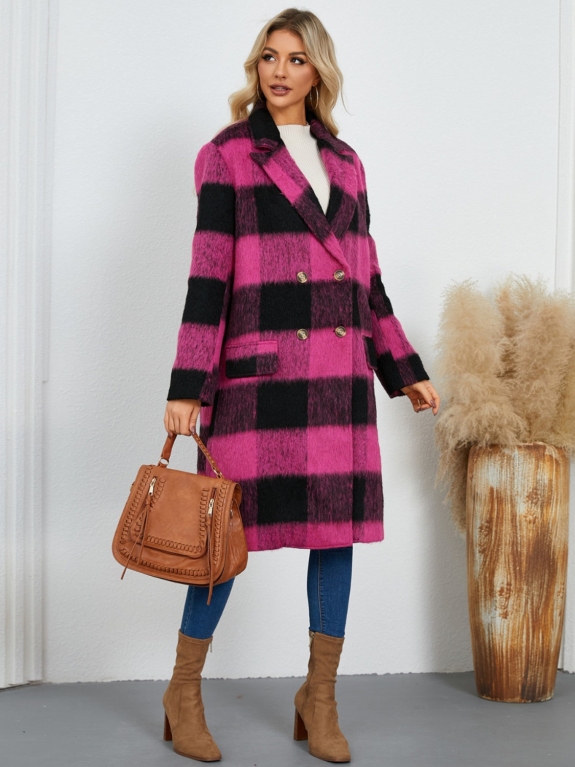 Plaid Double-Breasted Long Sleeve Coat - Chic Yana’s Fashion