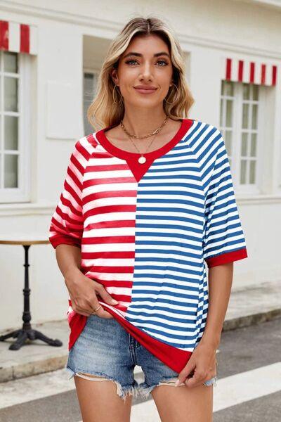 Striped Round Neck Half Sleeve T Shirt 1 - Chic Yana's Fashion