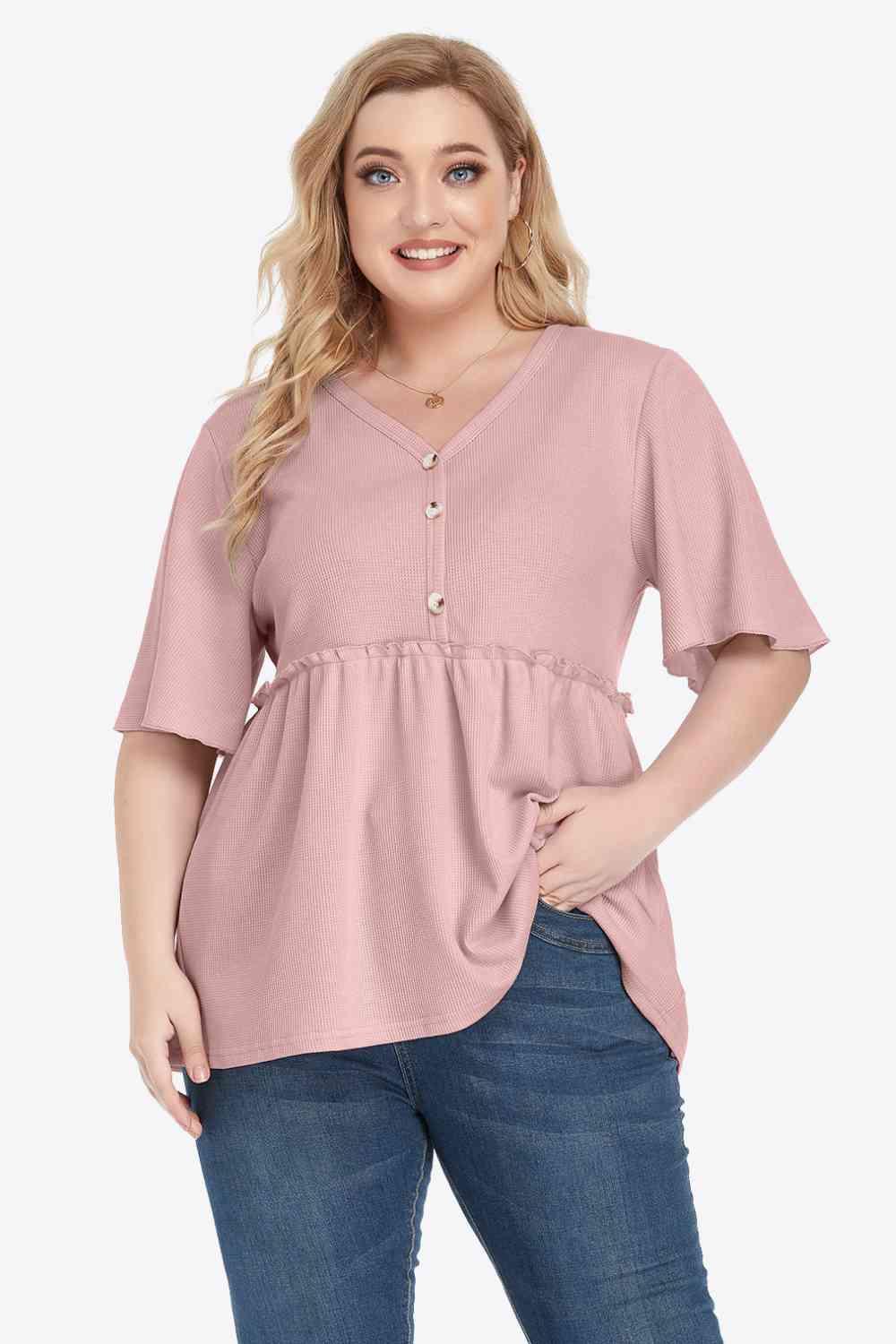 Plus Size Buttoned V Neck Frill Trim Babydoll Blouse - Chic Yana's Fashion