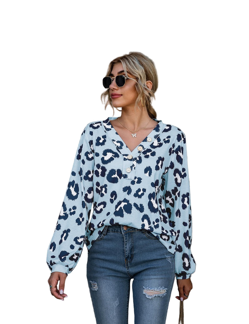 Chic Yana Fashion Leopard Print V-Neck Long Sleeve Women's T Shirt