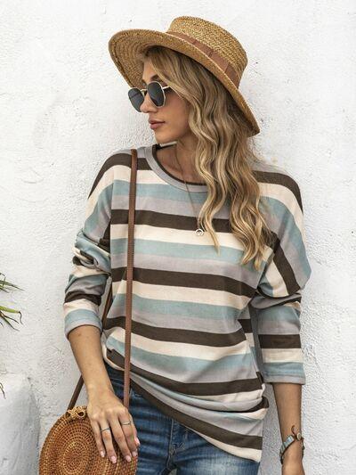 Full Size Striped Round Neck Long Sleeve T Shirt Plus Size - Chic Yana's Fashion