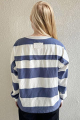 Oh Pima Cotton Wash Exposed Seam Contrast Striped Round Neck Long Sleeve T Shirt - Chic Yana's Fashion