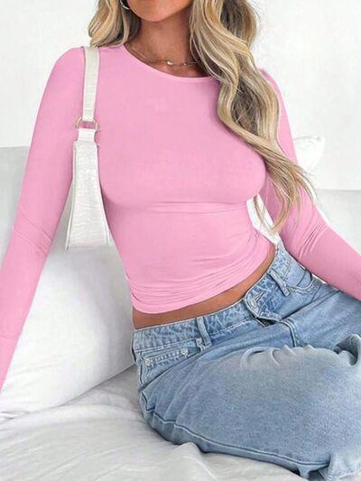 Solid Color Round Neck Long Sleeve T Shirt - Chic Yana's Fashion