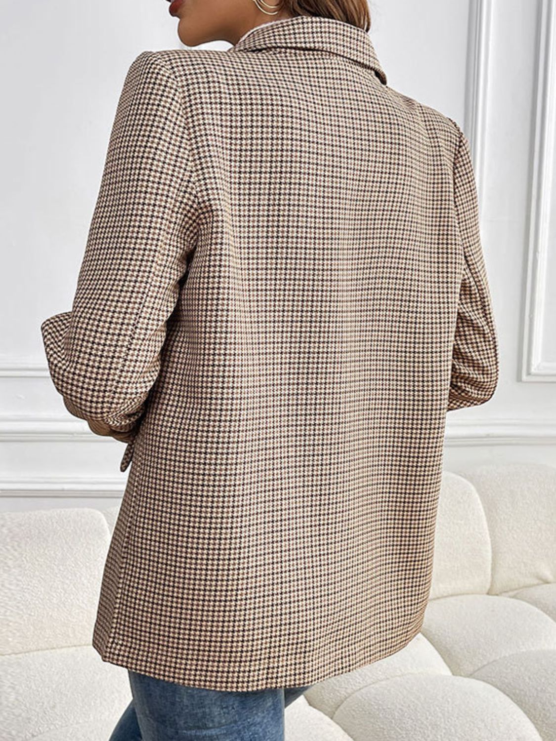 Perfee Plaid Lapel Collar Long Sleeve Blazer - Chic Yana’s Fashion