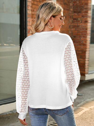 Full Size Round Neck Lace Long Sleeve T Shirt Plus Size - Chic Yana's Fashion