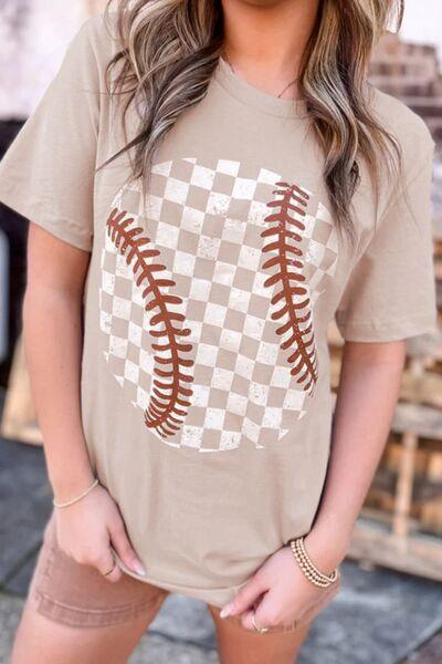 Contrast Checkered Baseball Graphic Round Neck Short Sleeve T Shirt - Chic Yana's Fashion