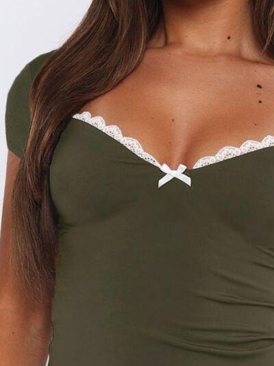 Lace Detail Sweetheart Neck Short Sleeve T Shirt - Chic Yana's Fashion