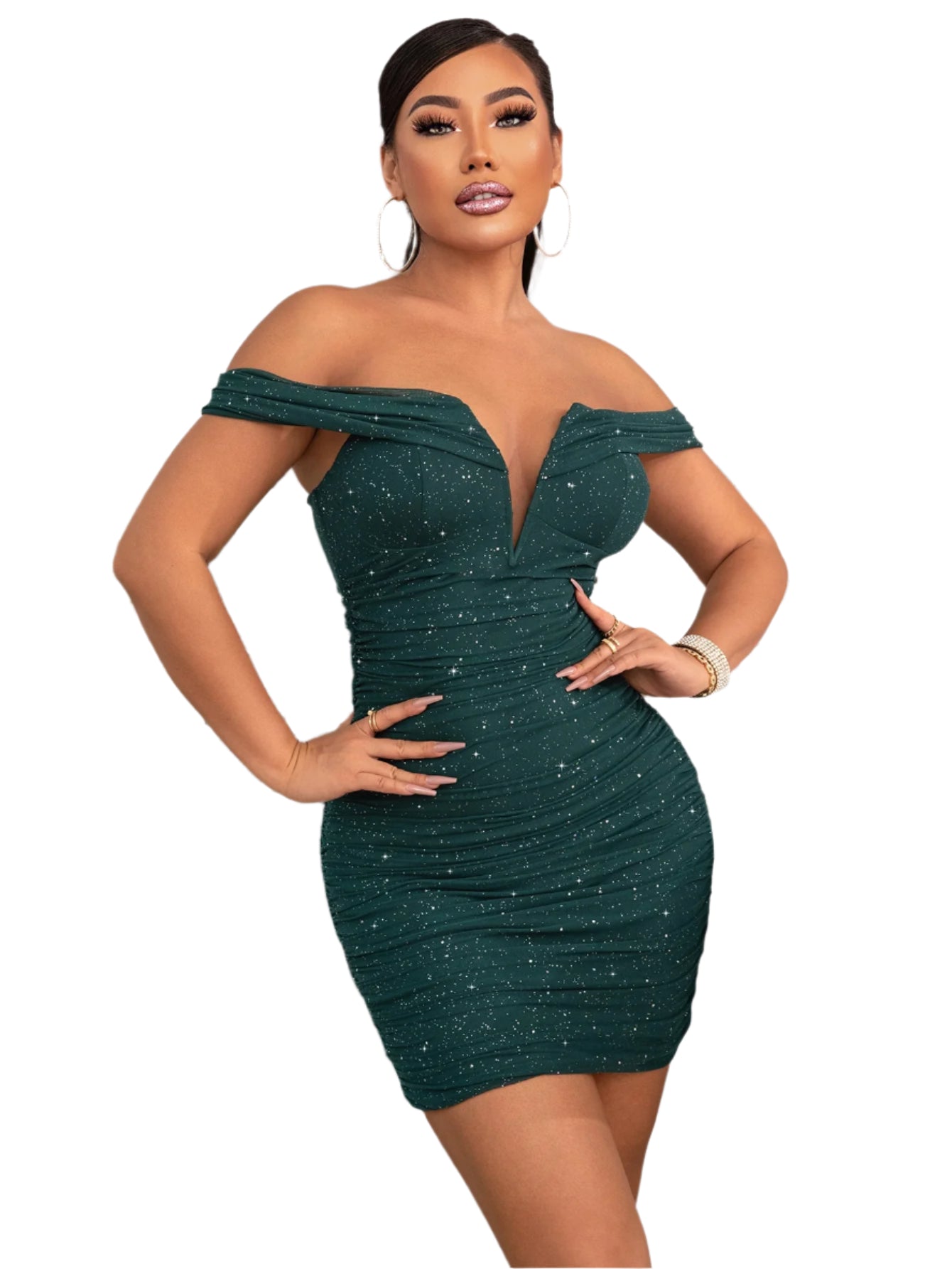 Glitter Ruched Off-Shoulder Bodycon Dress - Chic Yana's Fashion