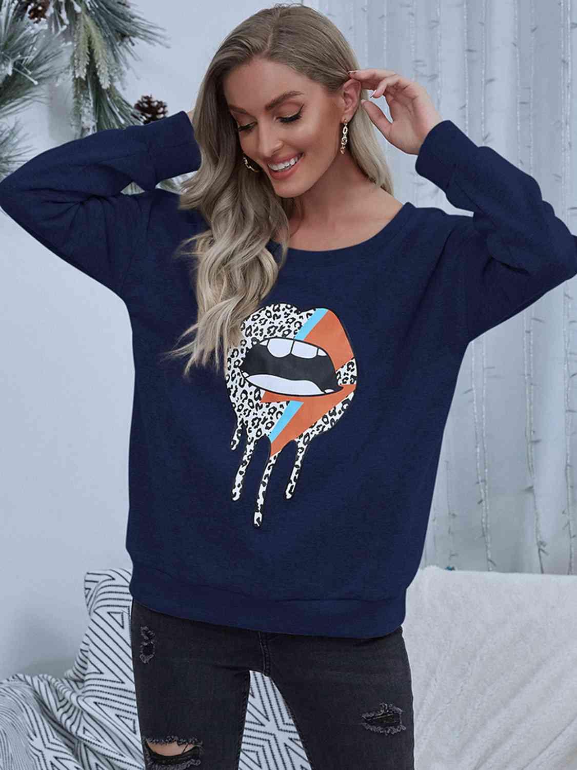 Shiny Lip Graphic Round Neck Sweatshirt - Chic Yana's Fashion