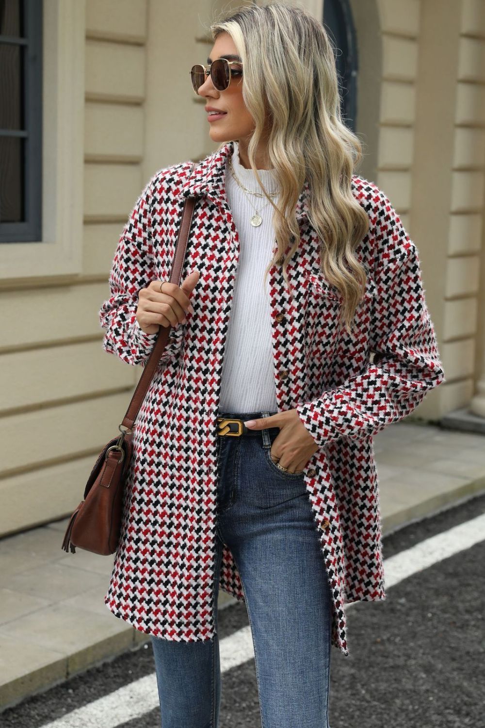 Houndstooth Button Up Dropped Shoulder Coat - Chic Yana’s Fashion