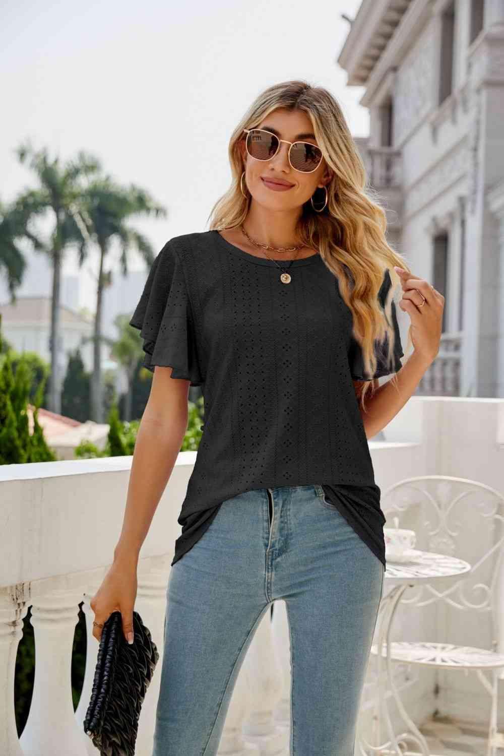 Eyelet Flutter Sleeve Round Neck Top - Chic Yana's Fashion