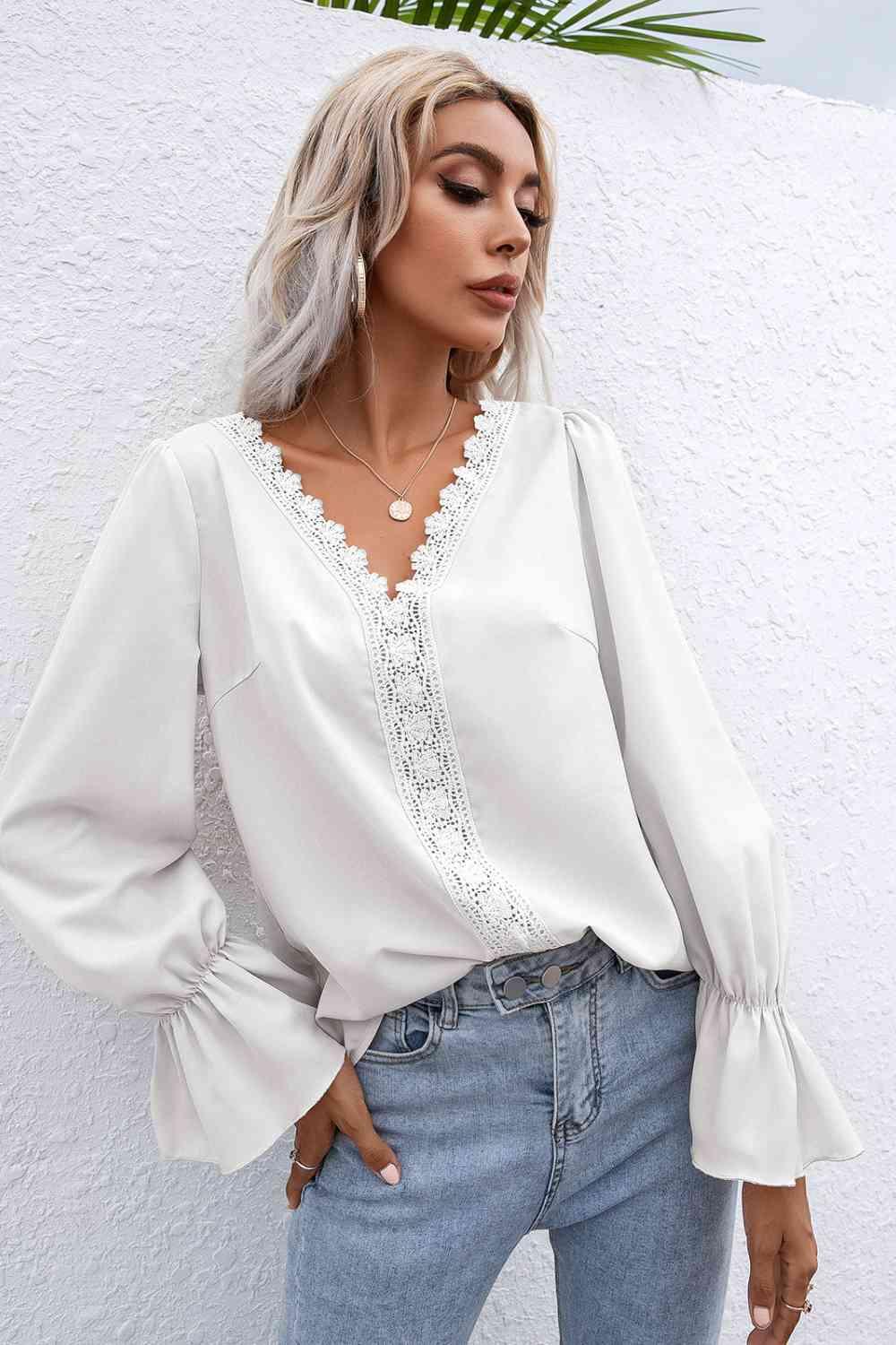 Ivy Lane Lace Trim Flounce Sleeve Blouse - Chic Yana's Fashion