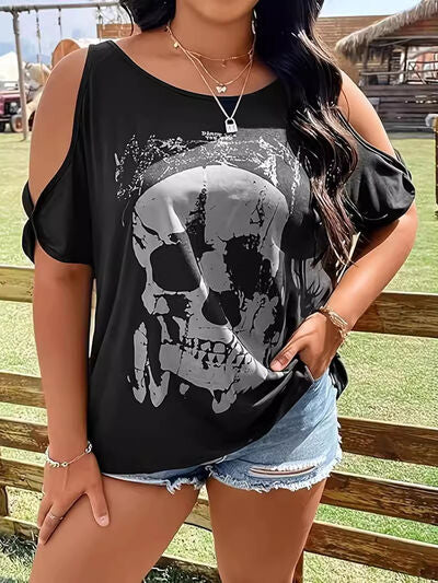 Plus Size Skeleton Graphic Round Neck Cold Shoulder T Shirt - Chic Yana's Fashion