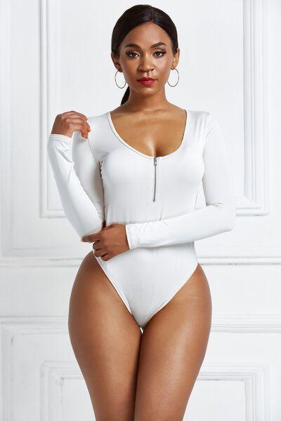 Half Zip Scoop Neck Long Sleeve Bodysuit - Chic Yana's Fashion