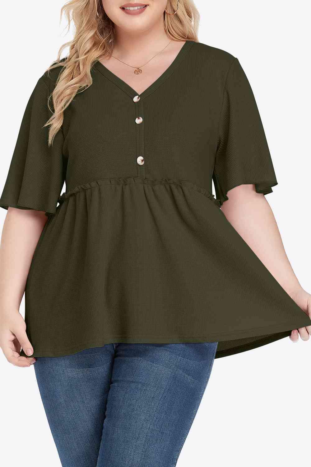 Plus Size Buttoned V Neck Frill Trim Babydoll Blouse - Chic Yana's Fashion