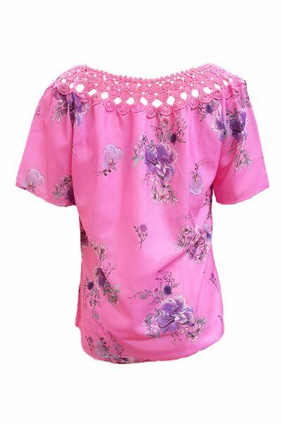 Full Size Printed Tie Neck Short Sleeve Blouse - Chic Yana's Fashion