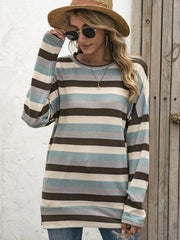 Full Size Striped Round Neck Long Sleeve T Shirt Plus Size - Chic Yana's Fashion