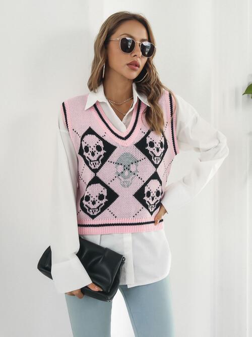 Skull Contrast V Neck Sweater Vest - Chic Yana's Fashion