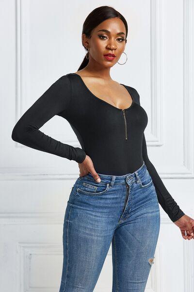 Half Zip Scoop Neck Long Sleeve Bodysuit - Chic Yana's Fashion