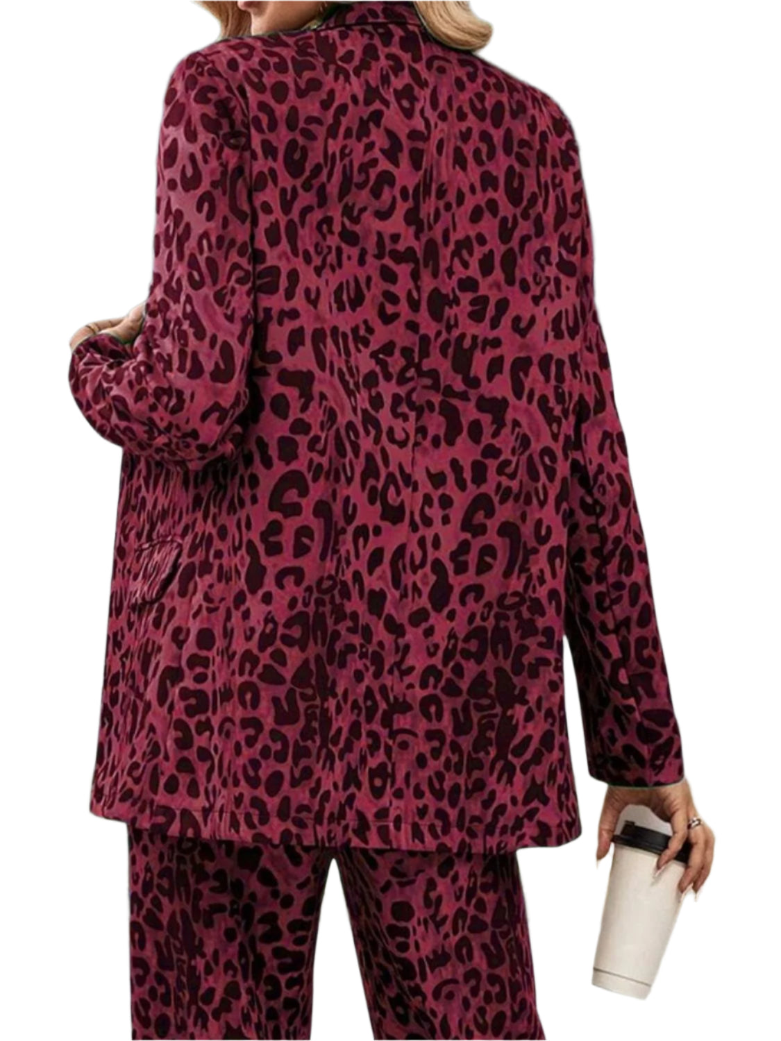 Full Size Leopard Lapel Collar Long Sleeve Blazer and Pants Set - Shop Now at Chic Yana's Fashion