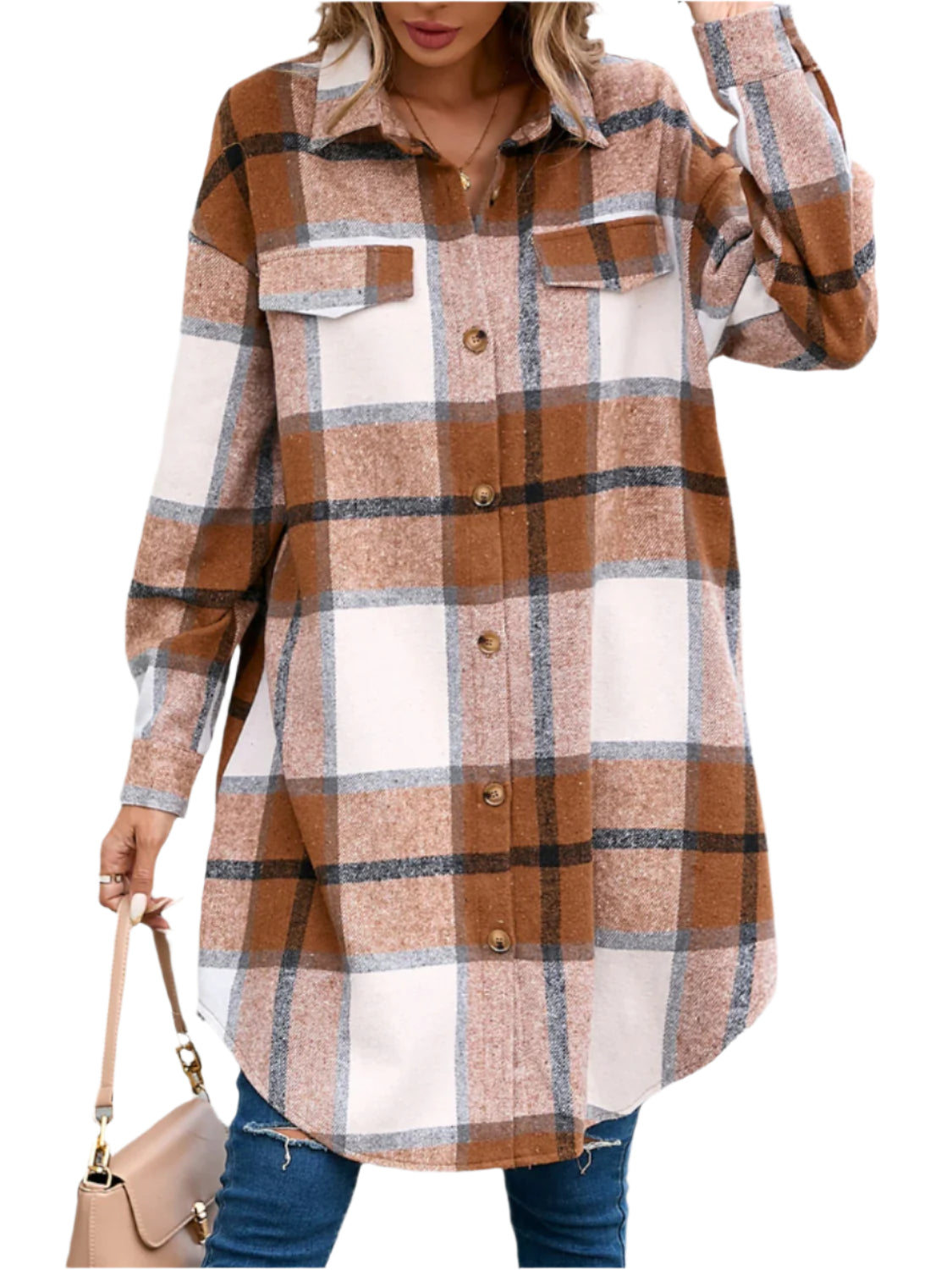 Plaid Button Up Long Sleeve Longline Outerwear - Chic Yana’s Fashion