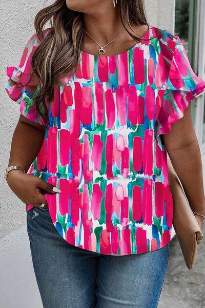 Plus Size Printed Round Neck Petal Sleeve Blouse - Chic Yana's Fashion