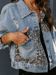 Distressed Leopard Drop Shoulder Denim Jacket - Chic Yana's Fashion