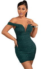 Glitter Ruched Off-Shoulder Bodycon Dress - Chic Yana's Fashion