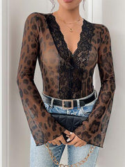 Perfee Leopard V Neck Lace Bodysuit - Chic Yana's Fashion