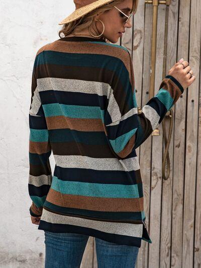 Full Size Striped Round Neck Long Sleeve T Shirt Plus Size - Chic Yana's Fashion