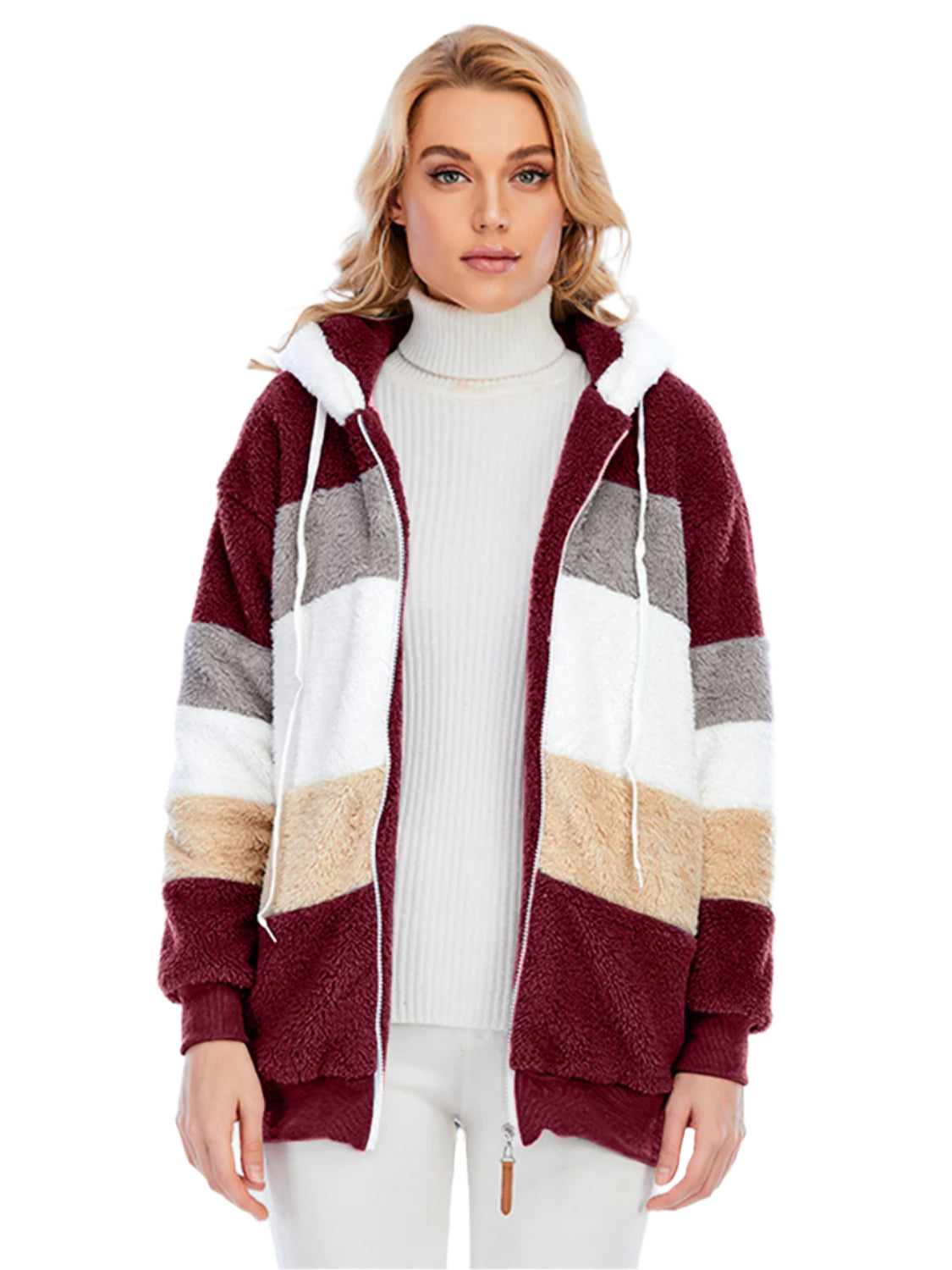 Full Size Drawstring Color Block Zip Up Hooded Outerwear - Chic Yana’s Fashion