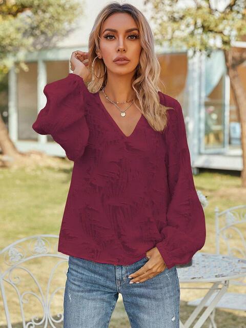 V Neck Long Sleeve Blouse - Chic Yana's Fashion