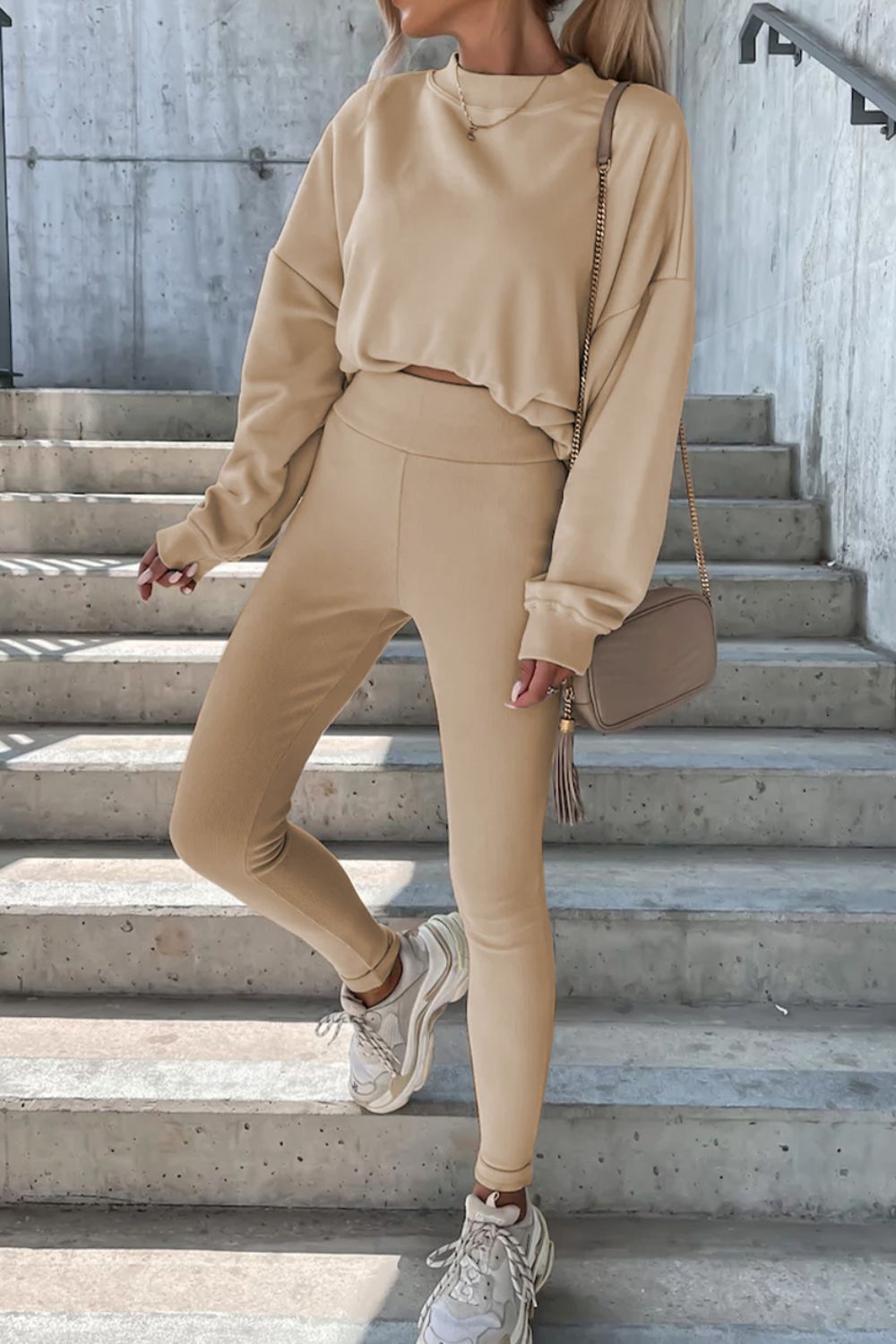 Round Neck Dropped Shoulder Sweatshirt and Pants Set – Chic Yana’s Fashion