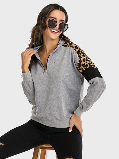 Perfee Contrast Leopard Half Zip Long Sleeve Sweatshirt - Chic Yana's Fashion