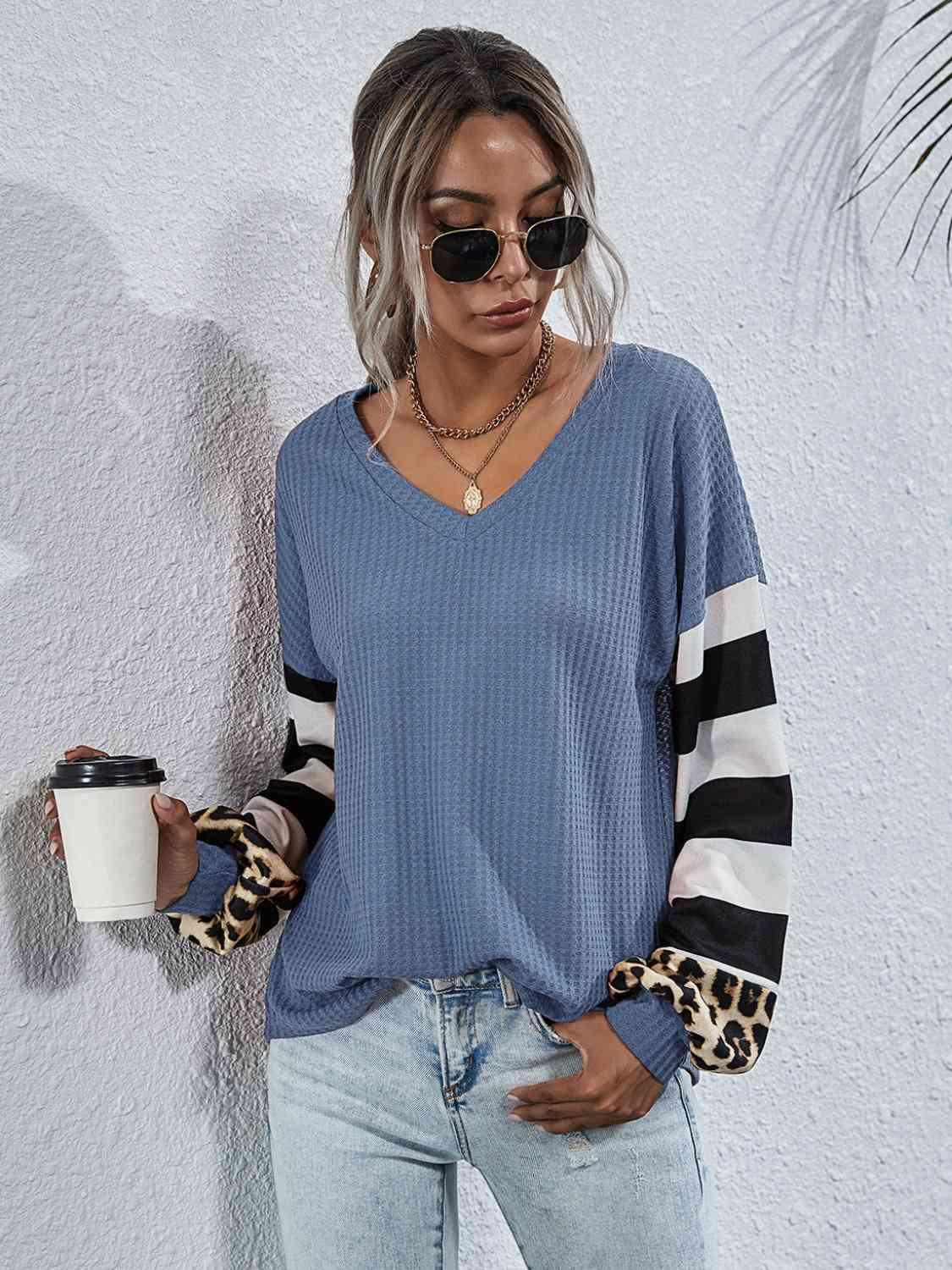 Leopard Striped Waffle Knit Top - Chic Yana's Fashion