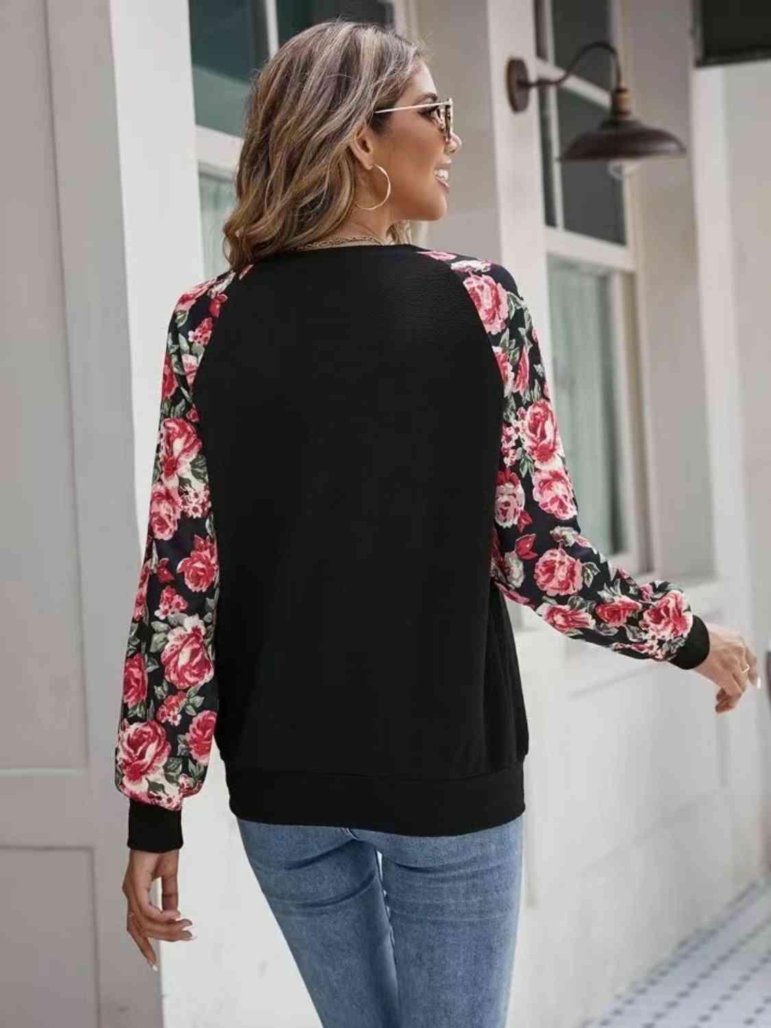 Floral Raglan Sleeve Round Neck Sweatshirt - Chic Yana's Fashion