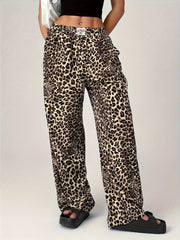 Close-up of Leopard Wide Leg Pants with Pockets, showcasing high-quality fabric and design.