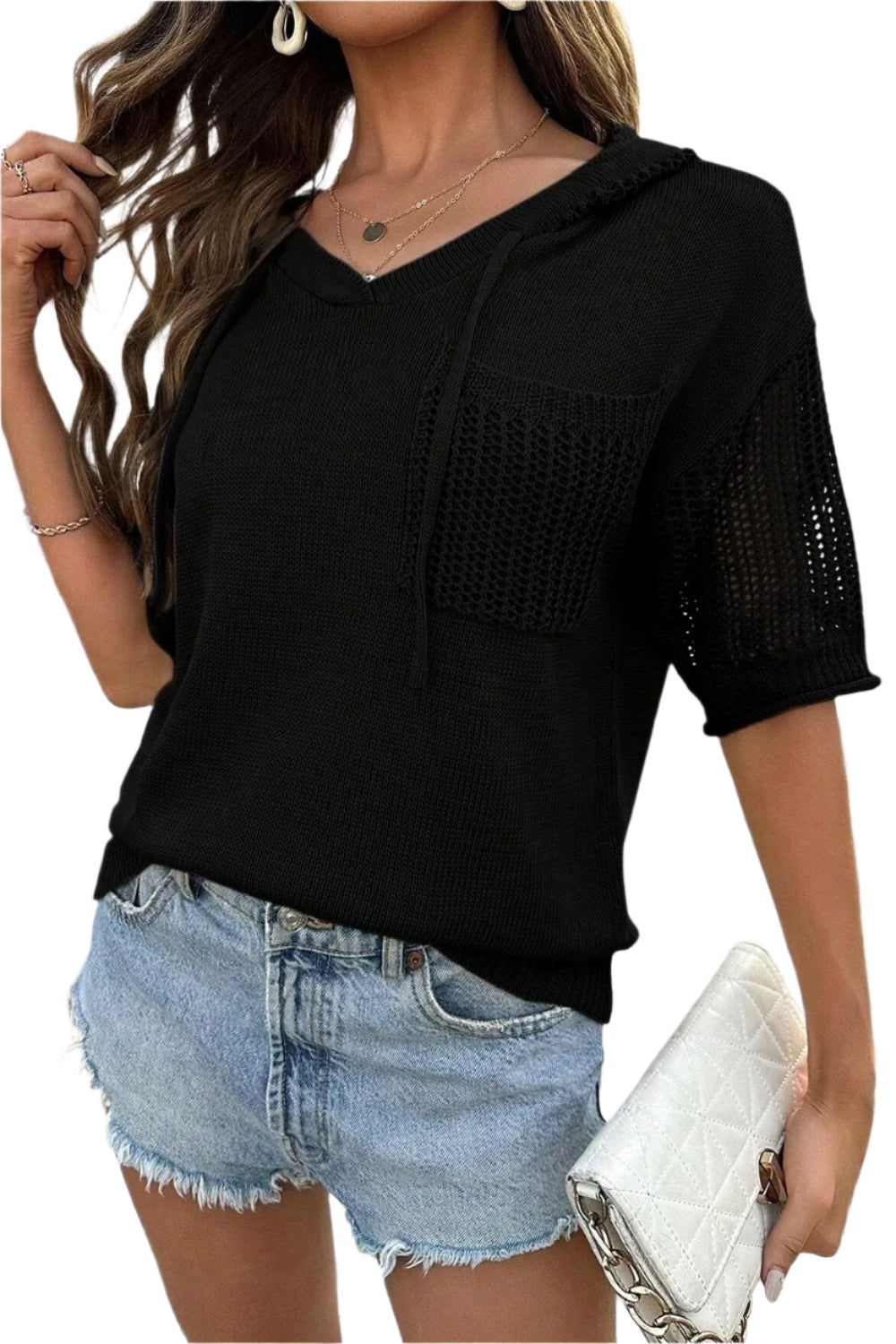 Drawstring Half Sleeve Hooded Sweater – stylish women's fashion from Chic Yana's Fashion